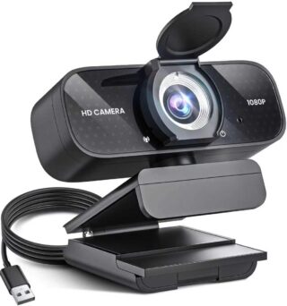 1080P HD Webcam with Microphone, Noise Cancellation, Privacy Cover, Wide-Angle Lens, Auto Light Correction, Plug & Play USB Webcam for Laptop, Desktop, PC, Mac, Zoom, Skype, Streaming (Black)