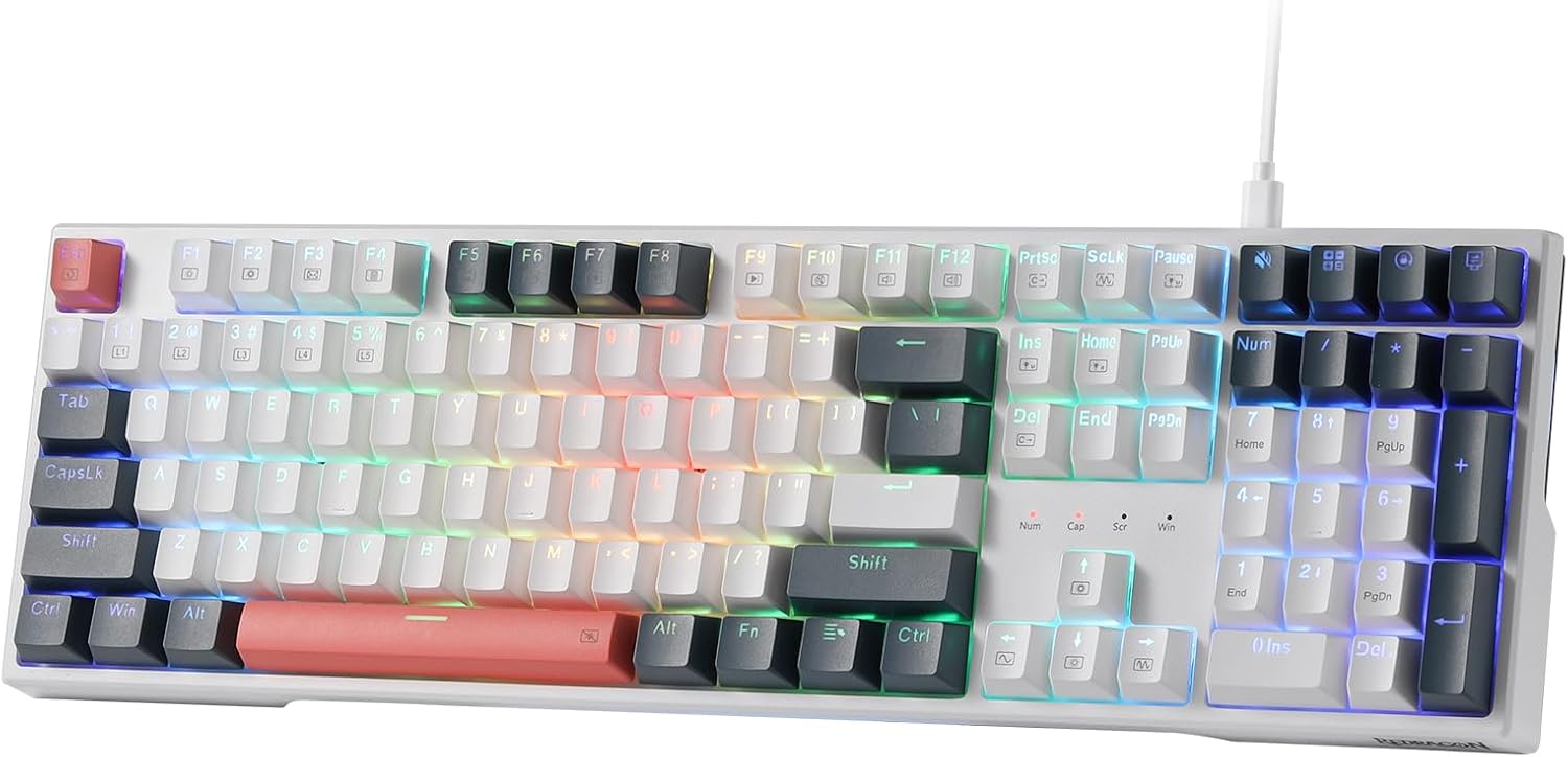 Redragon K668 RGB Gaming Keyboard, 108 Keys Wired Mechanical Keyboard w/Extra 4 Hotkeys, Sound Absorbing Foams, Upgraded Hot-swappable Socket, Mixed Color Keycaps x 2 Sets, Red Switch