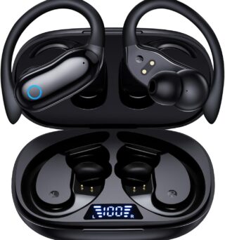 GNMN Active Noise Cancelling Ear Buds Wireless Earbuds 96hrs Playback Bluetooth Headphones Dual Battery Display Stereo Bass Earphones with Earhooks Microphone IPX7 Waterproof for Sports/Runing/Workout